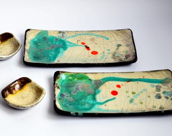 Raku Pottery Sushi Set for Two: Wabi-Sabi Ceramic Plates and Bowls, Turquoise Crackle Glaze.