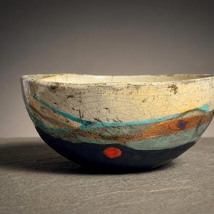 Handsignerad Raku Keramisk Skål / Wabi Sabi Landskapskeramik / Turkos Guld Lysande Heminredning