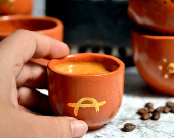 Set of six espresso mugs / Terracotta / Gold luster / Handmade