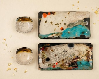 Handmade Raku Sushi Set for Two: Wabi Sabi Ceramic Plates, Japanese Dinnerware.