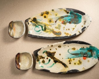 Raku Sushi Set for Two: Handmade Ceramic Plates and Bowls