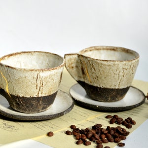 Two stoneware ceramic mugs+plates  / Handmade / Unique / Black clay+ white glaze+gold detail /