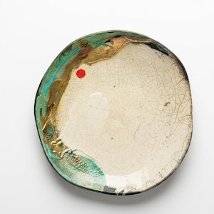 Plato de cerámica Raku – Turquesa Oro Rojo Sol Wabi Sabi