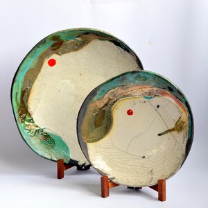 Raku Keramik Teller Set: Türkis Gold Glasur, Wabi Sabi Keramik.