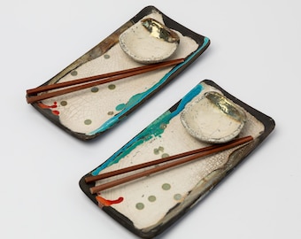 Handmade Raku Ceramic Sushi Set – Wabi Sabi Dinnerware with Crackle Glaze Tray