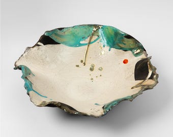 Cuenco grande de cerámica Raku – Escultura Wabi Sabi en turquesa y naranja