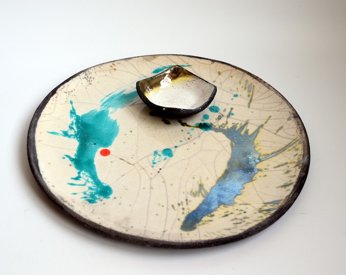 Big serving plate / UNIQUE / Handpainted / Handmade / Raku ceramic