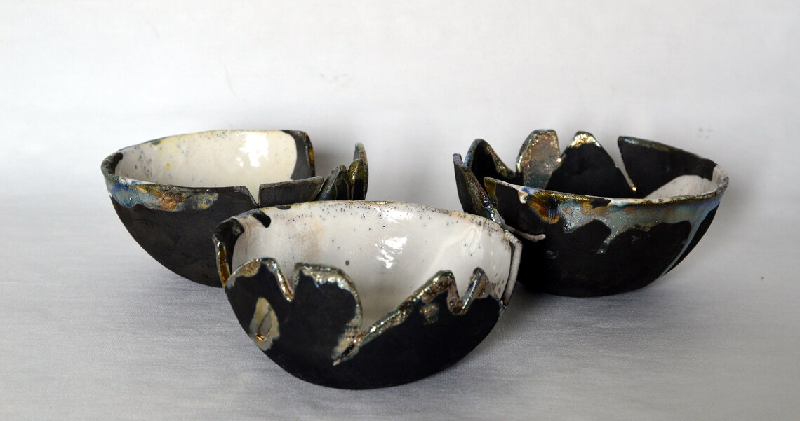 Three ceramic bowls / Art / Handmade/ Unique / Raku pottery / Etsy