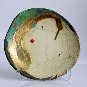 手作り楽焼陶器皿／侘び寂び寿司皿／ターコイズゴールド抽象陶器