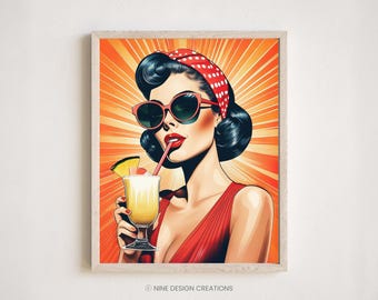 Lámina artística vintage de cóctel / Mujer retro, Piña Colada (Descarga digital)