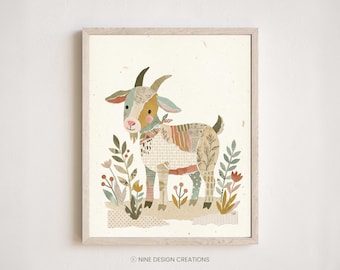 Decoración de guardería de cabras en una granja / Collage de técnica mixta, impresión de estilo escandinavo