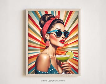 Lámina artística de cóctel Margarita con mujer retro – Decoración de bar vintage (Descarga digital)