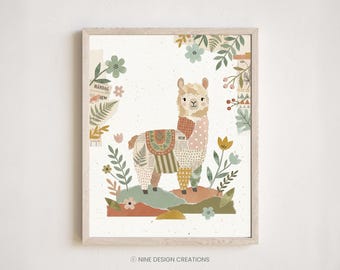 Decoración de pared infantil con temática de llamas / Collage de técnica mixta, lámina infantil escandinava