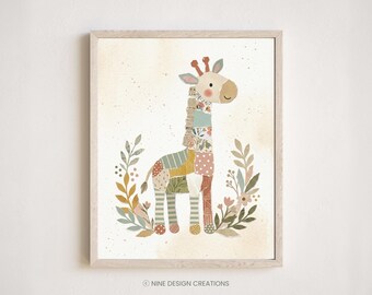 Decoración de pared infantil con animales salvajes / Collage de jirafas, lámina infantil escandinava