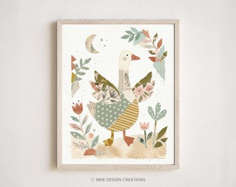 Arte infantil de Silly Goose / Lámina de collage escandinavo, ilustración de técnica mixta