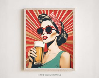 Impresión de cerveza de mujer retro: Arte de cocina y bar de los años 50 (Descarga digital)