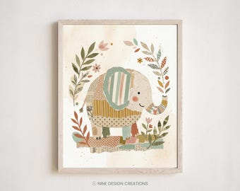 Lámina decorativa infantil con diseño de elefante / Estampado de collage escandinavo, ilustración de animales salvajes.