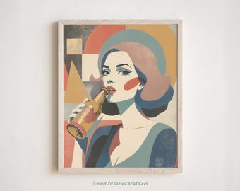 Lámina de cerveza retro, arte Risograph de mujer de los años 70, decoración maximalista para cocina y bar (descarga digital)