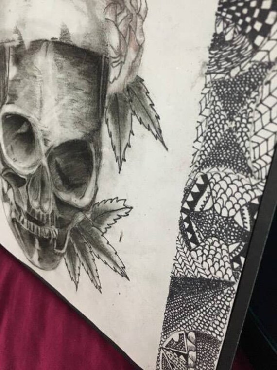 Charcoal Skull Drawing With Mandala Edges Etsy