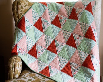 Modern Pink Green Geometric Baby Quilt