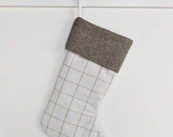 Olive Plaid Linen Modern Christmas Stocking