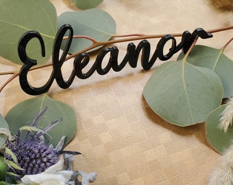May include: Black acrylic name card with the name "Eleanor" written in cursive script. The card is placed on a branch of eucalyptus leaves.