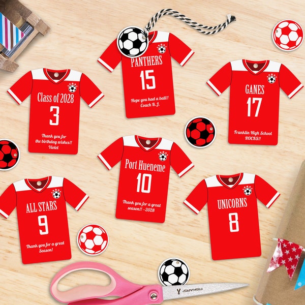 Editable Soccer Party Favor Tags, personalized, Jersey Shaped Printable Tags, Soccer Team Birthday, Instant Download, 2 Sizes Included, DIY