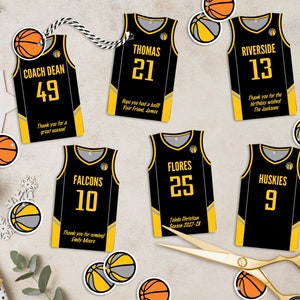 Étiquettes modifiables de faveur de partie de basket-ball, personnalisées, étiquettes imprimables en forme de maillot, anniversaire d'équipe, téléchargement instantané, 2 tailles incluses, bricolage