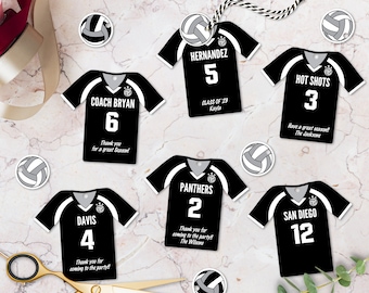 May include: Black and white volleyball jersey shaped thank you tags with player names and numbers. The tags have white trim and a small volleyball graphic. The text on the tags includes "Thank you for coming to the party!" and "Have a great season!"