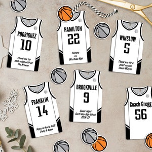 Étiquettes modifiables de faveur de partie de basket-ball, personnalisées, étiquettes imprimables en forme de maillot, anniversaire d'équipe, téléchargement instantané, 2 tailles incluses, bricolage