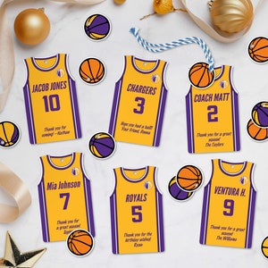 Étiquettes modifiables de faveur de partie de basket-ball, personnalisées, étiquettes imprimables en forme de maillot, anniversaire d'équipe, téléchargement instantané, 2 tailles incluses, bricolage