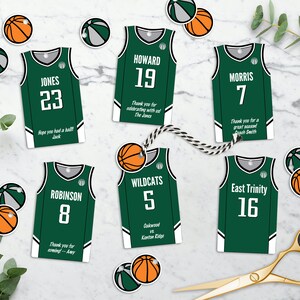 Étiquettes modifiables de faveur de partie de basket-ball, personnalisées, étiquettes imprimables en forme de maillot, anniversaire d'équipe, téléchargement instantané, 2 tailles incluses, bricolage