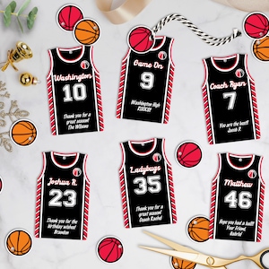 Etiquetas editáveis para lembrancinhas de festa de basquete, personalizadas, etiquetas imprimíveis em formato de camisa, aniversário da equipe, download instantâneo, 2 tamanhos incluídos, faça você mesmo