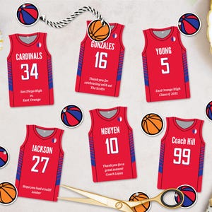 Étiquettes modifiables de cadeau de basket-ball, personnalisées, étiquettes imprimables de modèle de maillot, anniversaire d'équipe, téléchargement immédiat, 2 tailles incluses, bricolage