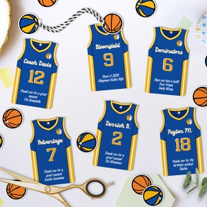 Étiquettes modifiables de faveur de partie de basket-ball, personnalisées, étiquettes imprimables de modèle de maillot, anniversaire d'équipe, téléchargement instantané, 2 tailles incluses, bricolage