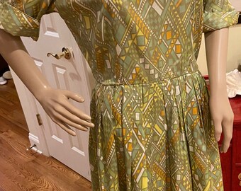 60s MCM "Marta D" Green Geometric Print Dress MOD