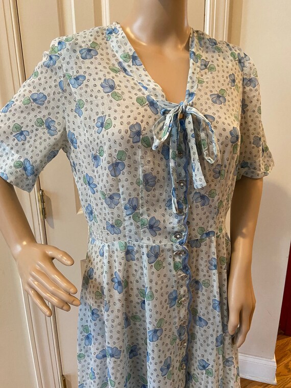 Vintage L'AIGLON Voile Floral Blue Dress - image 1