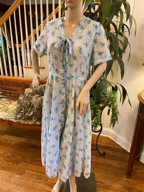 Vintage L'AIGLON Voile Floral Blue Dress - image 3