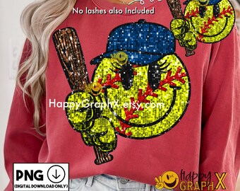 Softball Smiley Face Png Sparkly Softball Mom Faux Sequin Glitter Tshirt Design School Spirit Sublimation DTF Digital Download