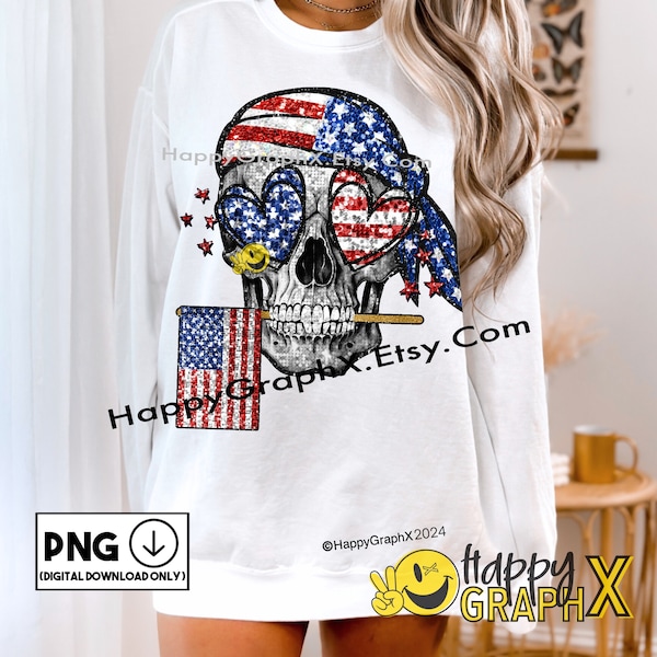 Sparkly Fourth of July Png Patriotic Skull Faux Glitter Faux Sequin Tshirt Design Sublimation DTF Digital Download ONLY