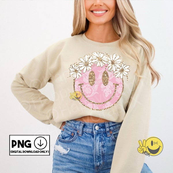 Smiley Face png Faux Glitter Pink Gold Faux Lace Daisy Valentines Day Tshirt Design Sublimation DTF Digital Download ONLY