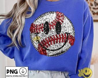 Sparkly Baseball Smiley Face Png Mom Faux Sequin T-Shirt Glitter Tshirt Design School Spirit Sublimation DTF Digital Download