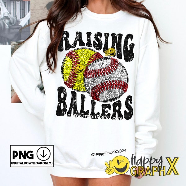 Sparkly Softball Baseball Png Raising Ballers Mom of Both Faux Sequin T-shirt Design Faux Glitter Sublimation DTF Digital Download