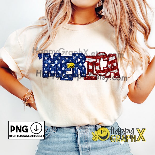 Sparkly 4th of July Png Faux Embroidery Faux Glitter Sequin T shirt Design Fourth of July Sublimation DTF Digital Download ONLY