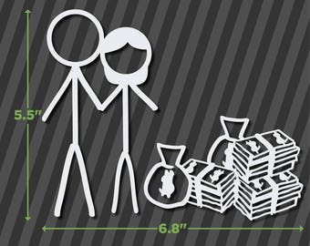 Calcomanía de pareja con dinero, 17 x 14 cm, divertida figura familiar de palitos, vinilo troquelado, no apto para niños