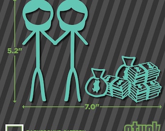 Calcomanía de dos niñas con dinero, 18 x 13 cm, divertida figura de palito familiar, vinilo troquelado, no apto para niños