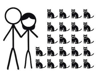 Calcomanía de pareja con gatos, 20 x 14 cm, divertida figura de palito familiar, vinilo troquelado