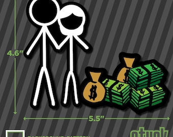 Calcomanía de pareja con dinero, impresa en vinilo troquelado de 14 x 11 cm, divertida figura familiar de palitos. No apto para niños.