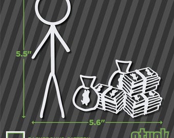 Calcomanía de hombre con dinero, 5.6" x 5.5", vinilo troquelado con divertida figura familiar de palitos