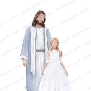 May include: A watercolor painting of a man and a girl standing side-by-side. The man is wearing a light blue robe and the girl is wearing a white dress. The man has long brown hair and a beard. The girl has long blonde hair. The painting is set against a white background.